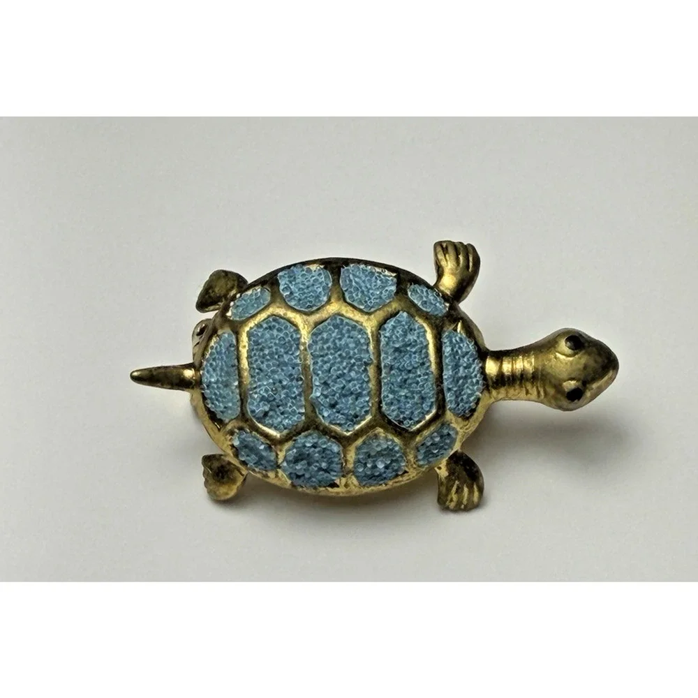 Vintage Turtle Pin Brooch Gold Tone Turquoise Blue Textured Shell Korea 1
